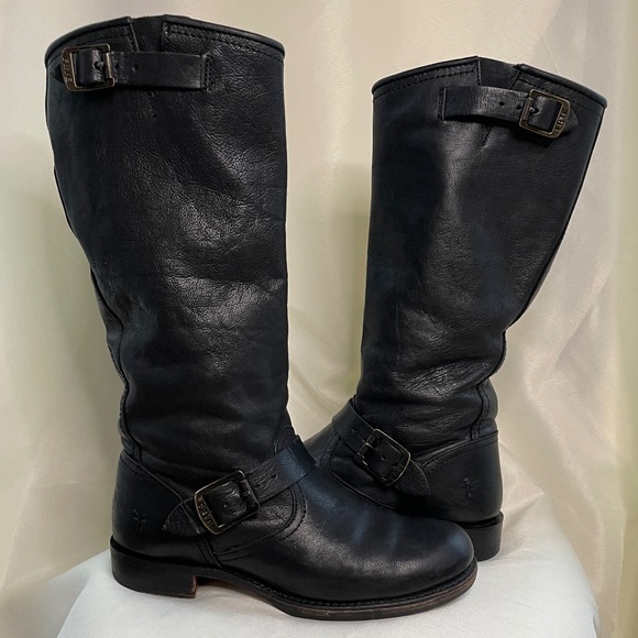 FRYE Veronica Black Leather mid-calf Pull On Engineers Boots - Picture 6 of 12